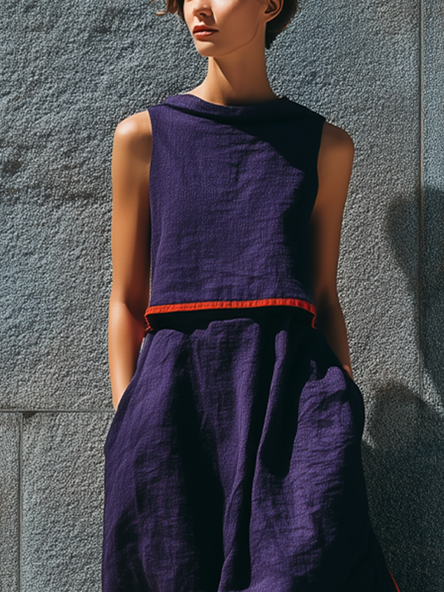 Women's Deep Purple Linen-Blend Set: Crew-Neck Sleeveless Top With Contrast Trim And Matching Skirt