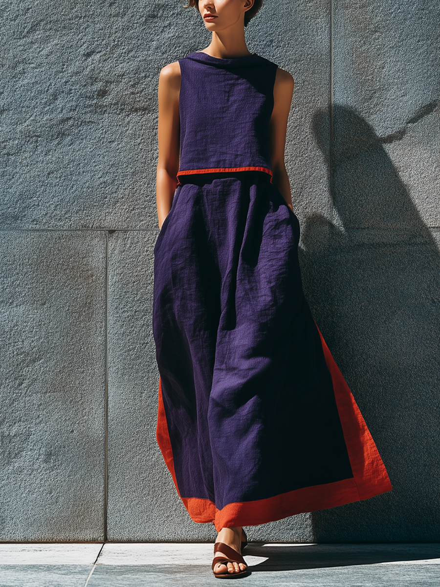 Women's Deep Purple Linen-Blend Set: Crew-Neck Sleeveless Top With Contrast Trim And Matching Skirt