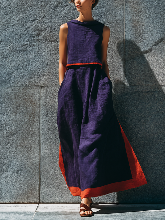 Women's Deep Purple Linen-Blend Set: Crew-Neck Sleeveless Top With Contrast Trim And Matching Skirt