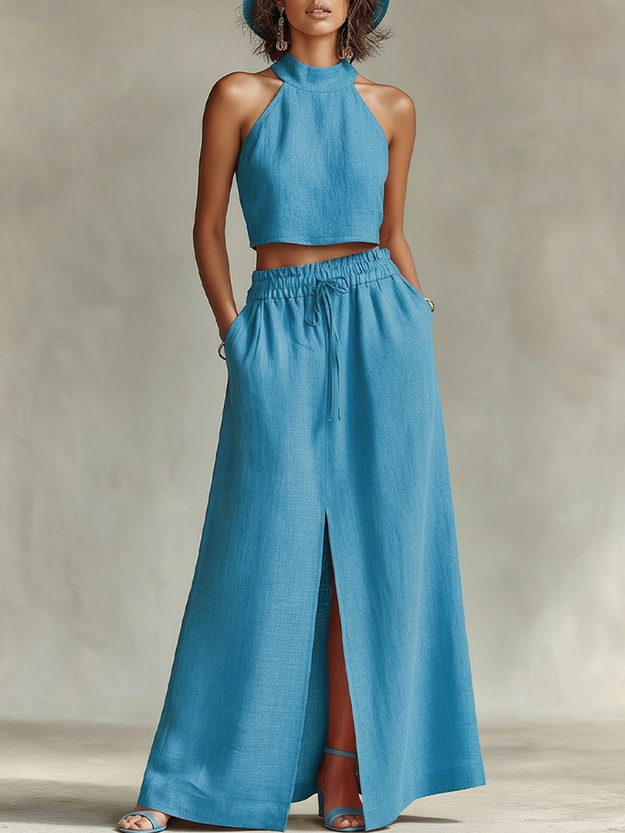 Women's Sky Blue Linen Two-Piece Set With Halter Neck Crop Top & High-Waisted Slit Maxi Skirt, Timeless Minimalist-Resort Style Set