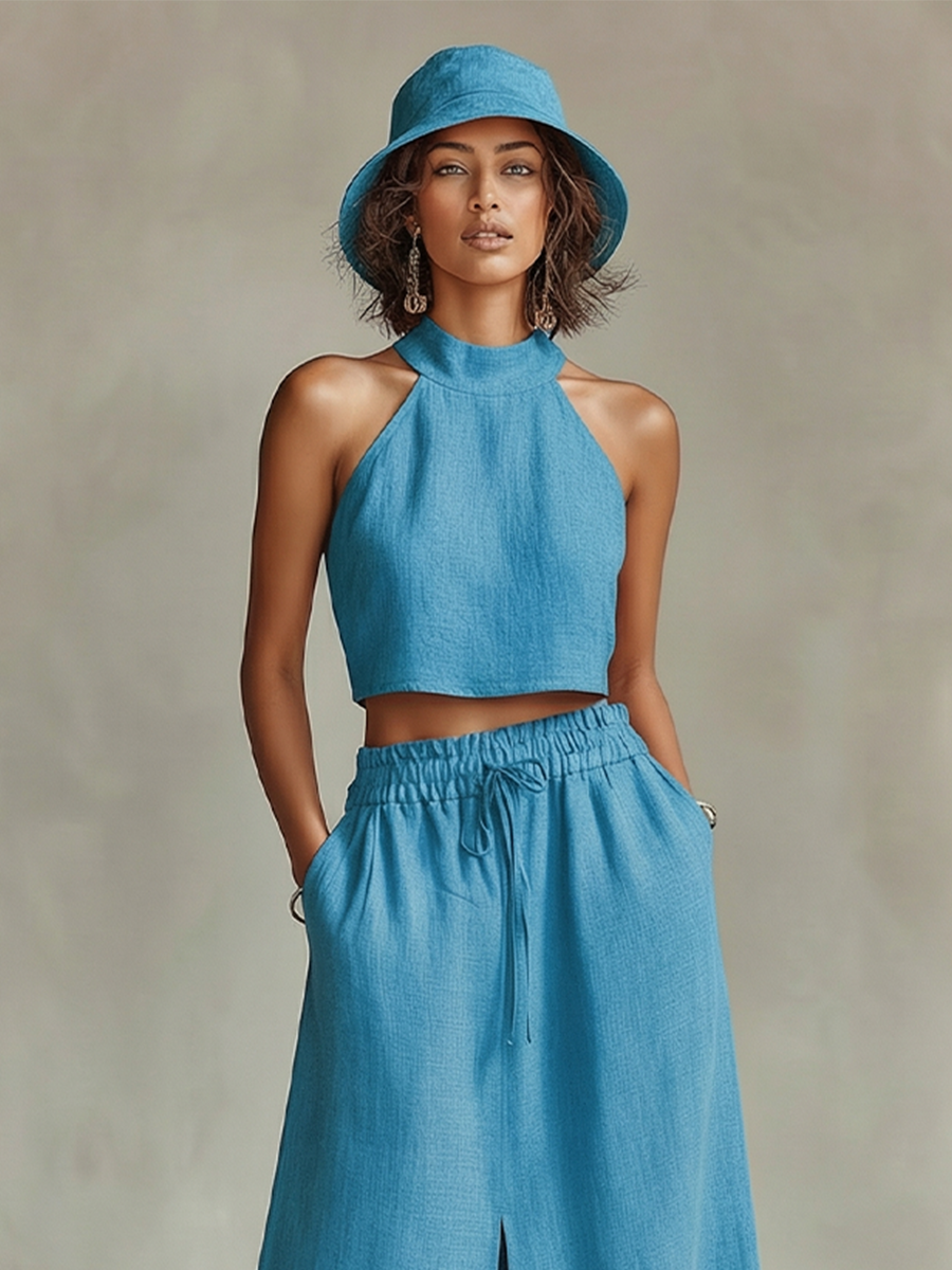 Women's Sky Blue Linen Two-Piece Set With Halter Neck Crop Top & High-Waisted Slit Maxi Skirt, Timeless Minimalist-Resort Style Set