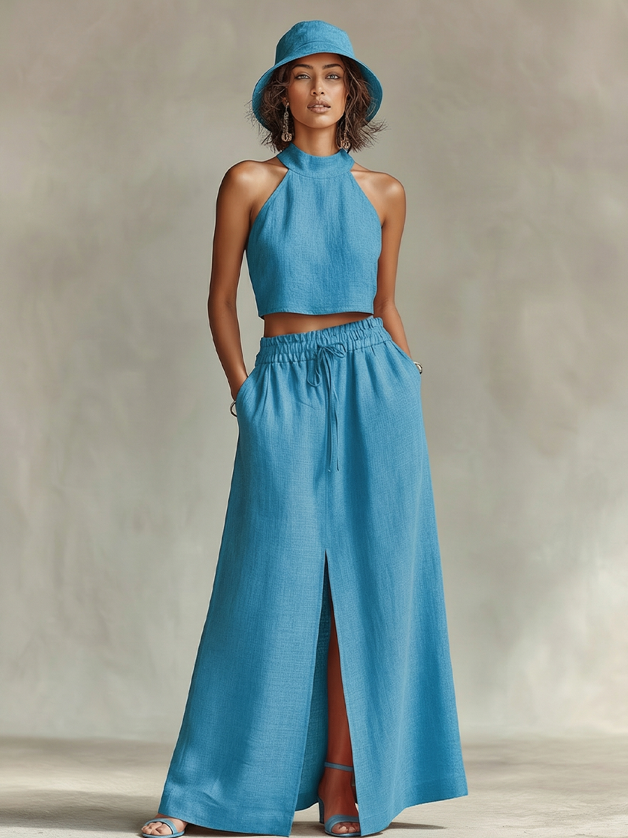 Women's Sky Blue Linen Two-Piece Set With Halter Neck Crop Top & High-Waisted Slit Maxi Skirt, Timeless Minimalist-Resort Style Set