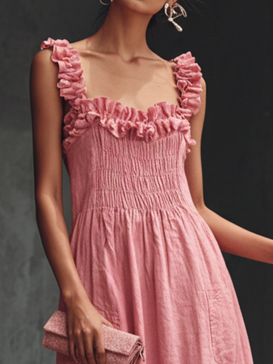 Women's Sweet Pink Cotton Linen Ruffled Gathered Design Spaghetti Strap Maxi Dress