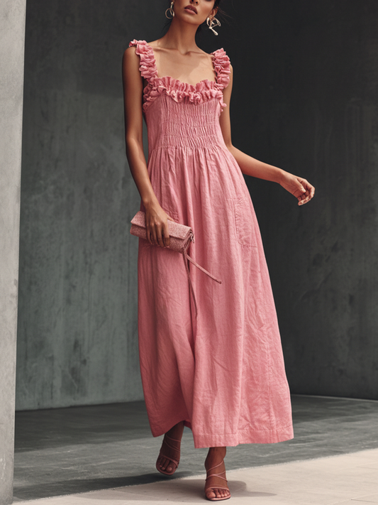 Women's Sweet Pink Cotton Linen Ruffled Gathered Design Spaghetti Strap Maxi Dress