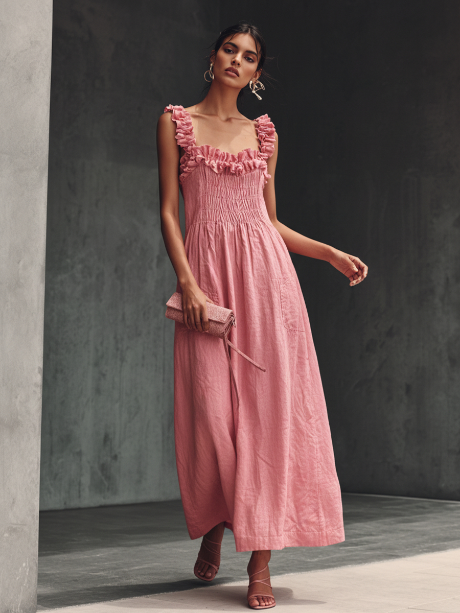 Women's Sweet Pink Cotton Linen Ruffled Gathered Design Spaghetti Strap Maxi Dress