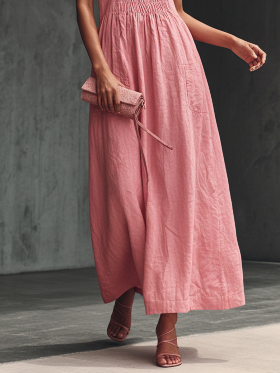 Women's Sweet Pink Cotton Linen Ruffled Gathered Design Spaghetti Strap Maxi Dress