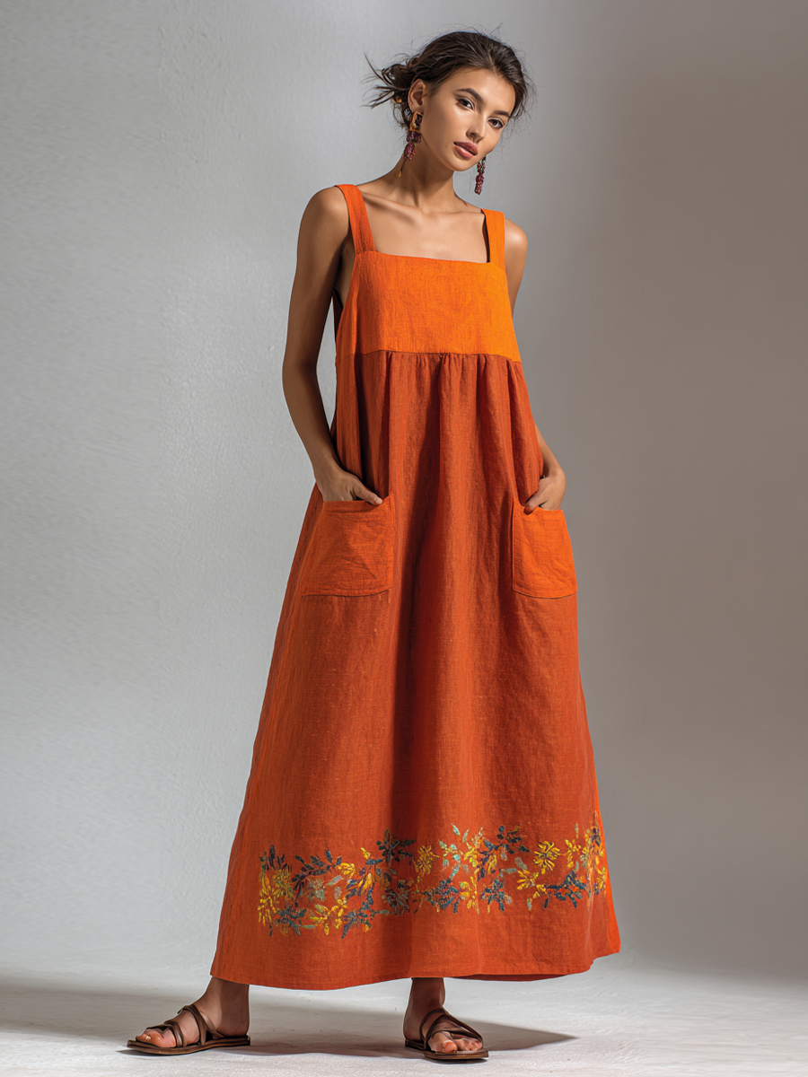 Women's Fashionable Orange Cotton Linen Embroidered Large Pocket Spaghetti Strap Maxi Dress