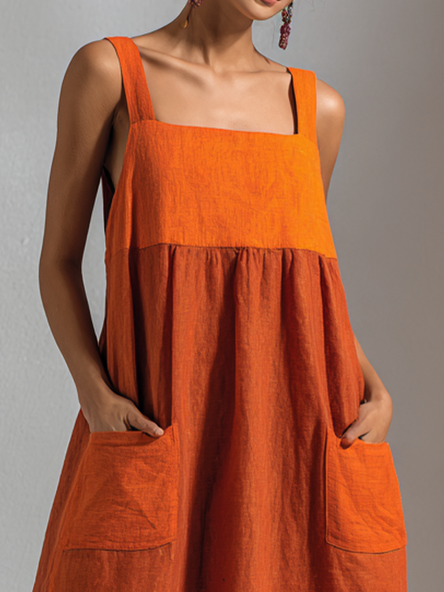 Women's Fashionable Orange Cotton Linen Embroidered Large Pocket Spaghetti Strap Maxi Dress