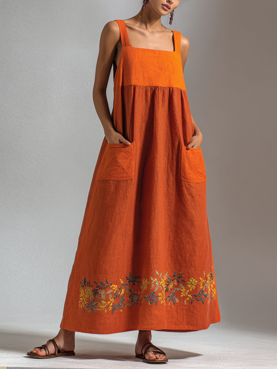 Women's Fashionable Orange Cotton Linen Embroidered Large Pocket Spaghetti Strap Maxi Dress