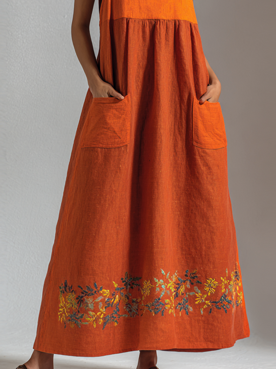 Women's Fashionable Orange Cotton Linen Embroidered Large Pocket Spaghetti Strap Maxi Dress