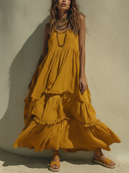 Women's Bohemian Mustard Yellow Cotton Linen Ruffled Spaghetti Strap Maxi Dress