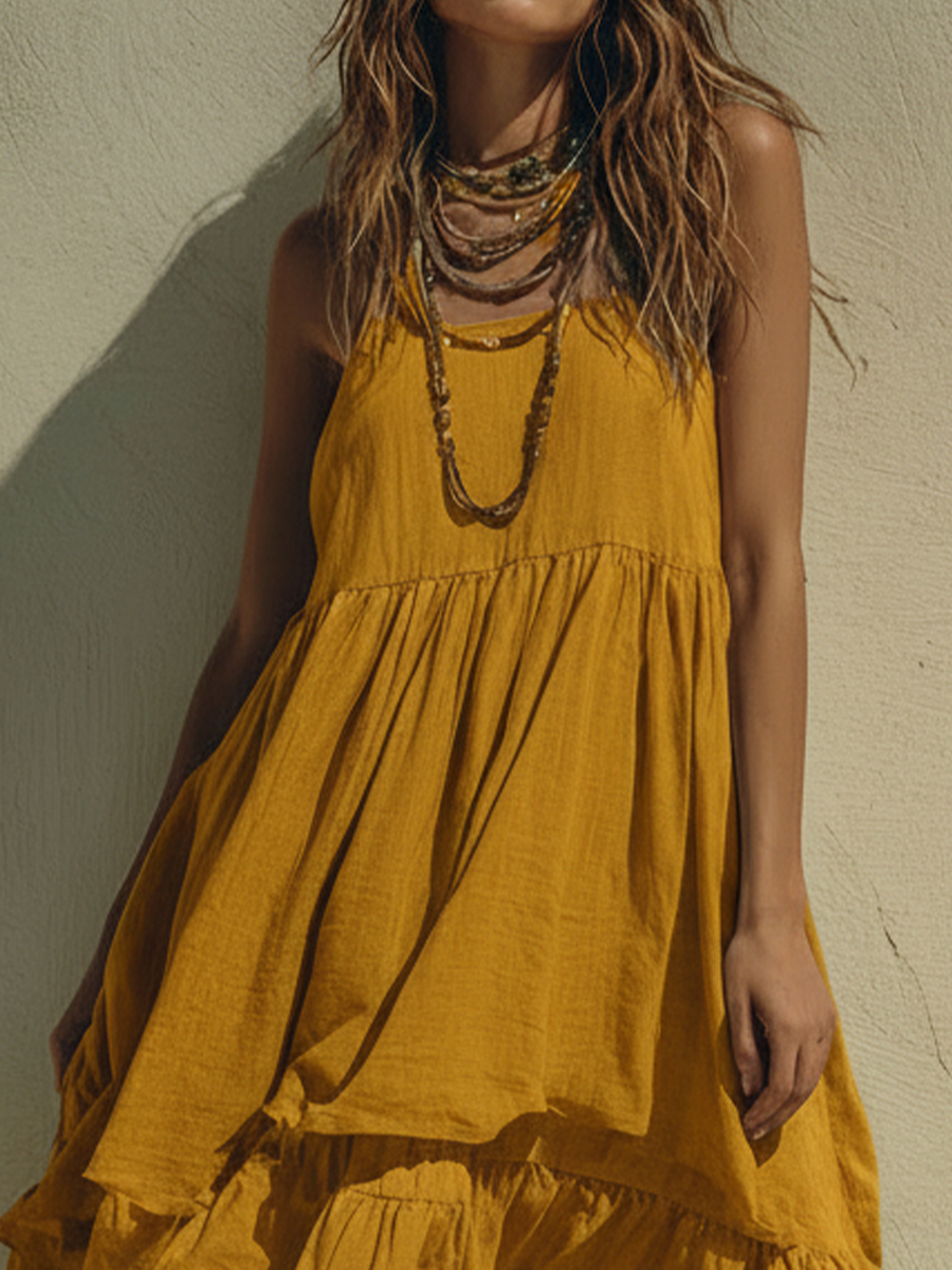 Women's Bohemian Mustard Yellow Cotton Linen Ruffled Spaghetti Strap Maxi Dress