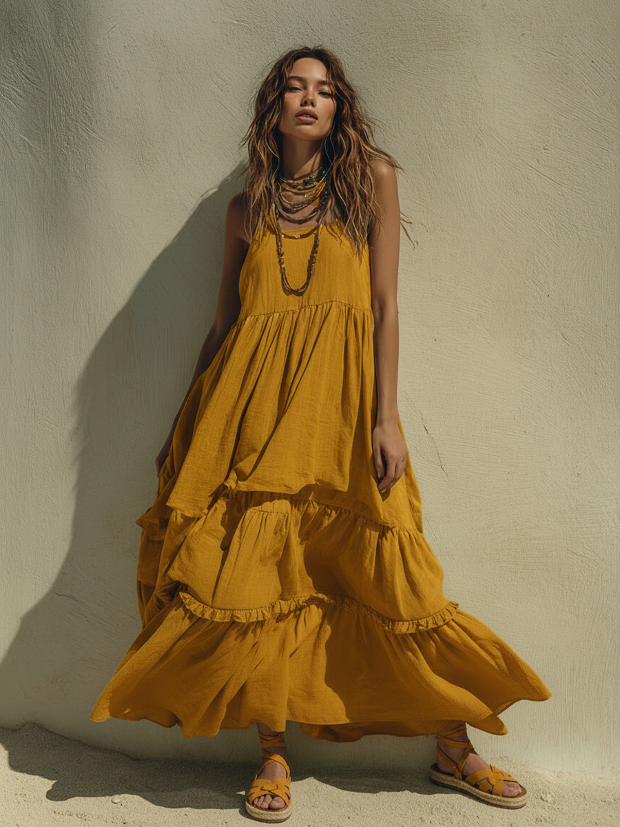 Women's Bohemian Mustard Yellow Cotton Linen Ruffled Spaghetti Strap Maxi Dress