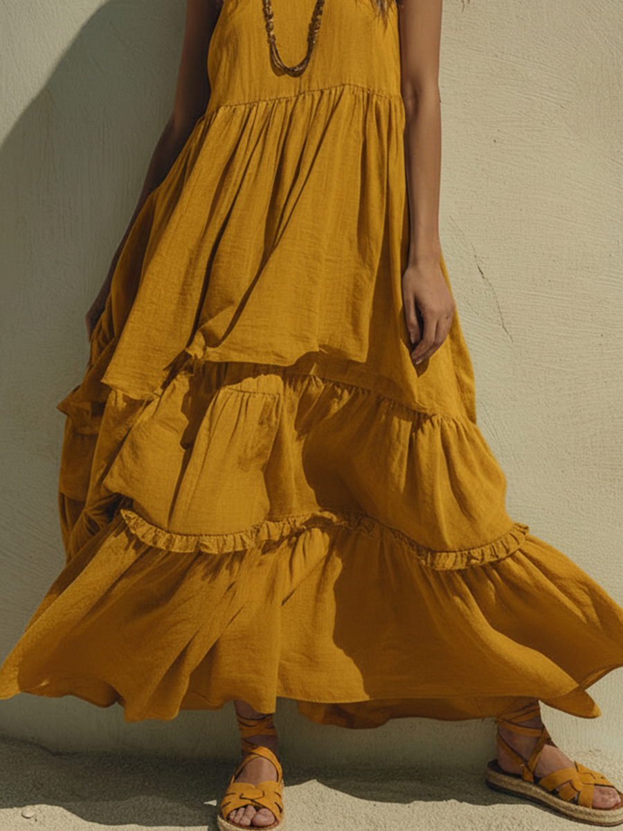 Women's Bohemian Mustard Yellow Cotton Linen Ruffled Spaghetti Strap Maxi Dress