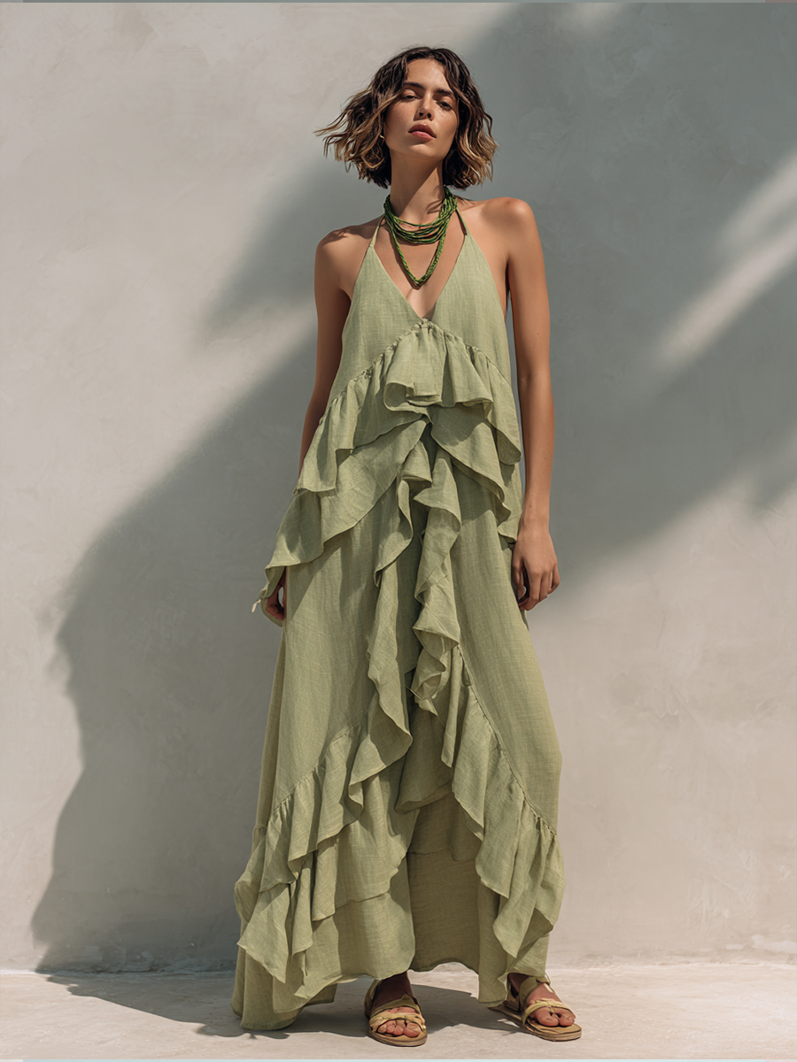 Women's Resort Style Light Green Cotton Linen Ruffled Irregular Maxi Dress