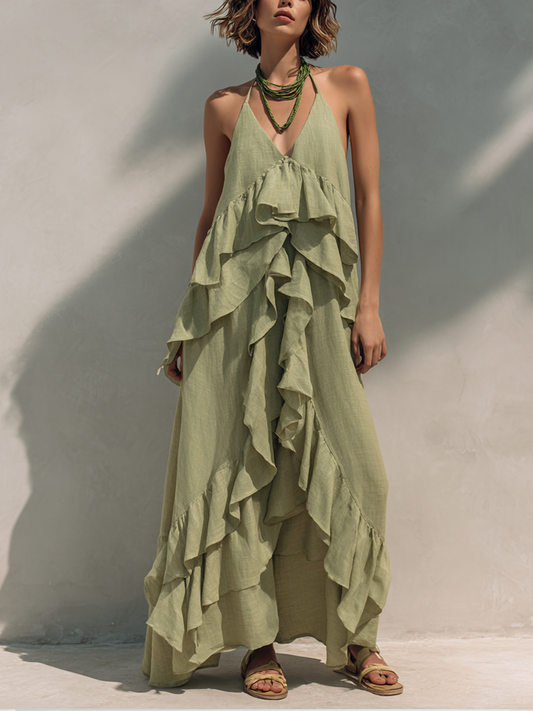 Women's Resort Style Light Green Cotton Linen Ruffled Irregular Maxi Dress