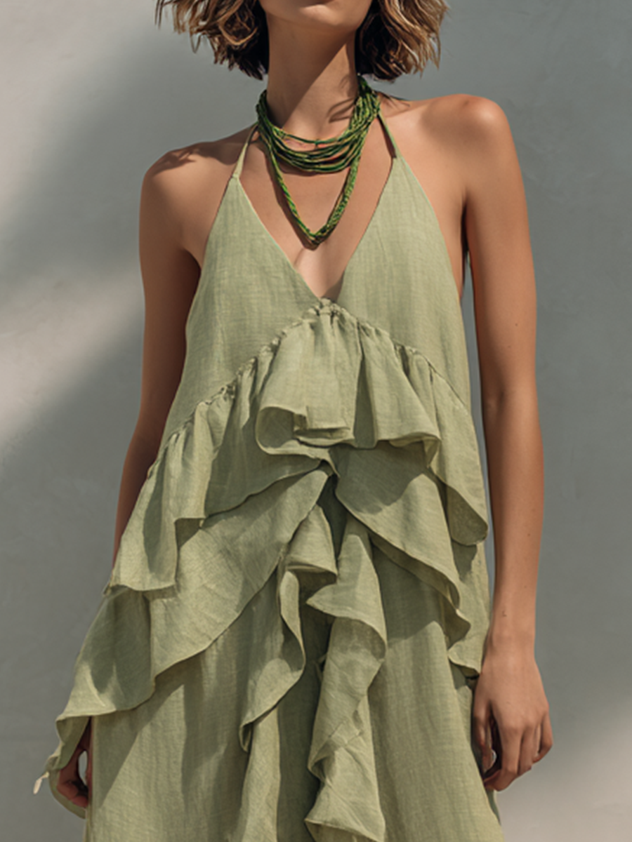 Women's Resort Style Light Green Cotton Linen Ruffled Irregular Maxi Dress