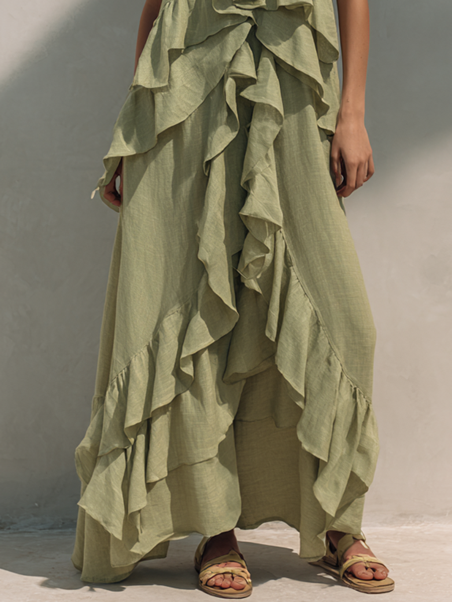 Women's Resort Style Light Green Cotton Linen Ruffled Irregular Maxi Dress