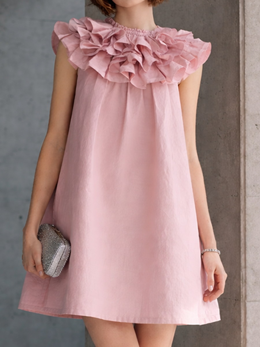 Women's Cute Pink Cotton Linen Layered Ruffled Collar Sleeveless Mini Dress
