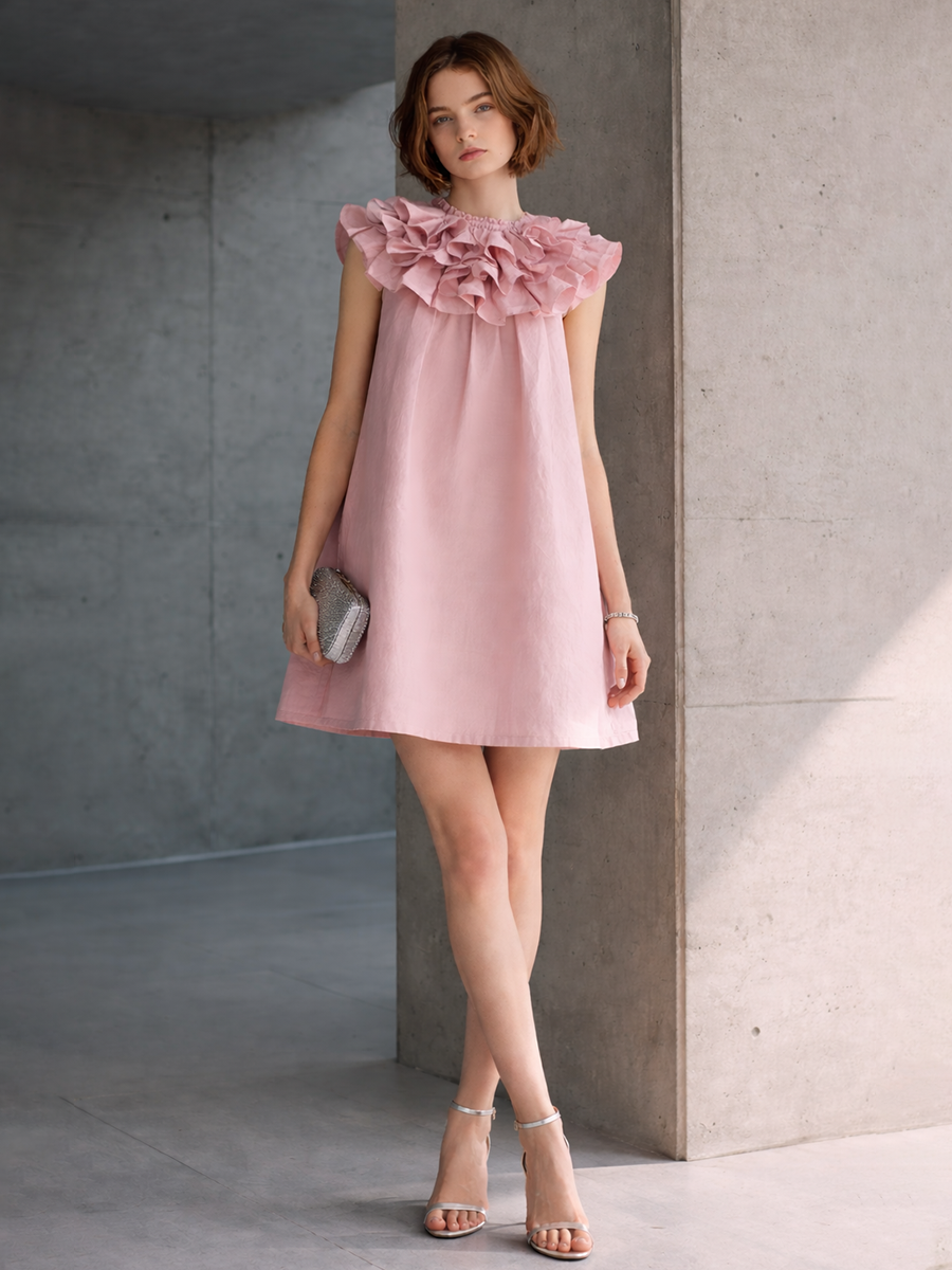 Women's Cute Pink Cotton Linen Layered Ruffled Collar Sleeveless Mini Dress