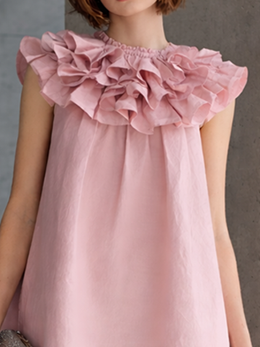 Women's Cute Pink Cotton Linen Layered Ruffled Collar Sleeveless Mini Dress