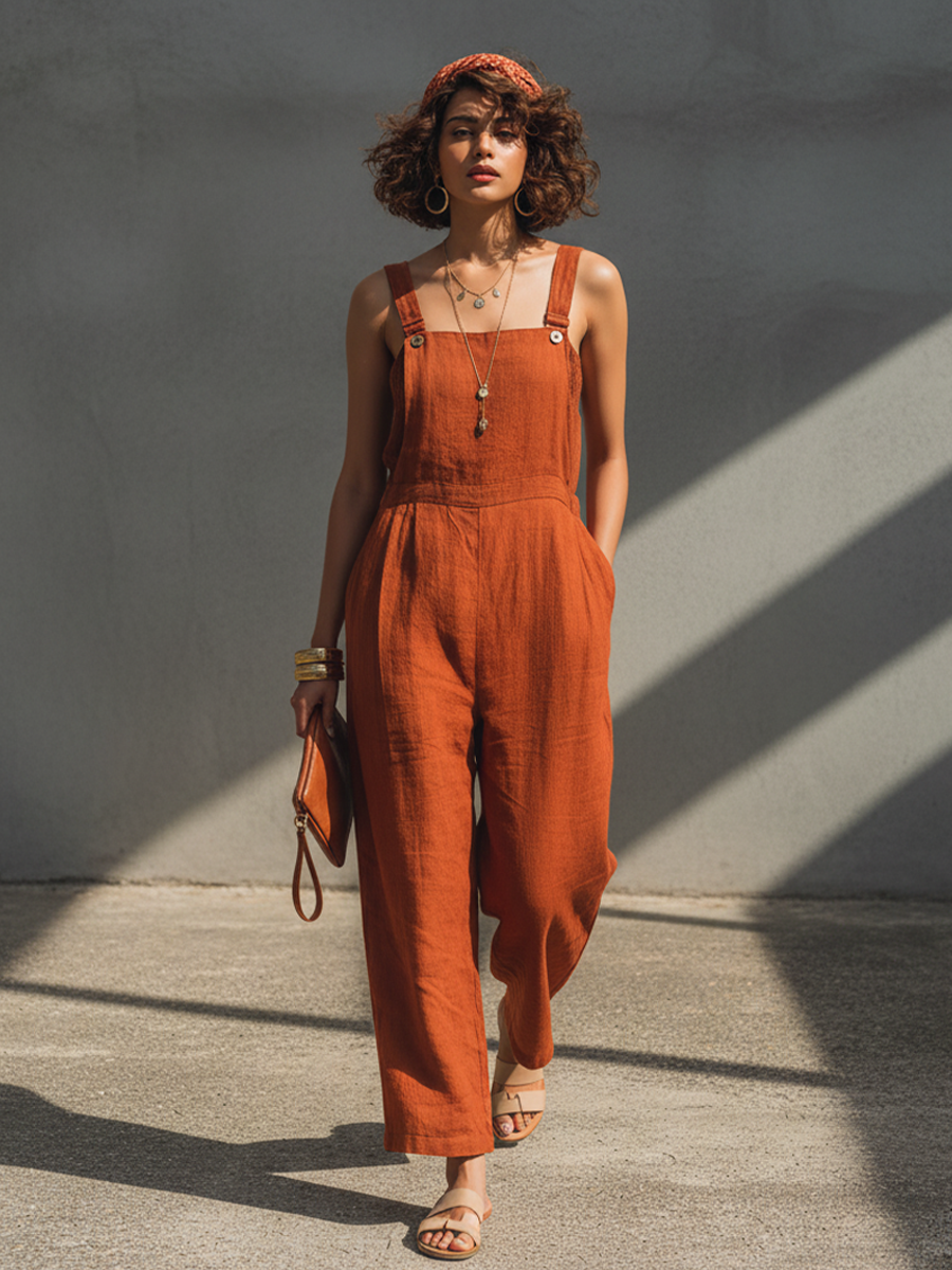 Women's Retro Orange Cotton Linen Sleeveless Overall Wide-Leg Jumpsuit