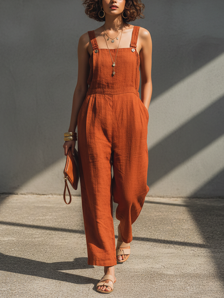Women's Retro Orange Cotton Linen Sleeveless Overall Wide-Leg Jumpsuit
