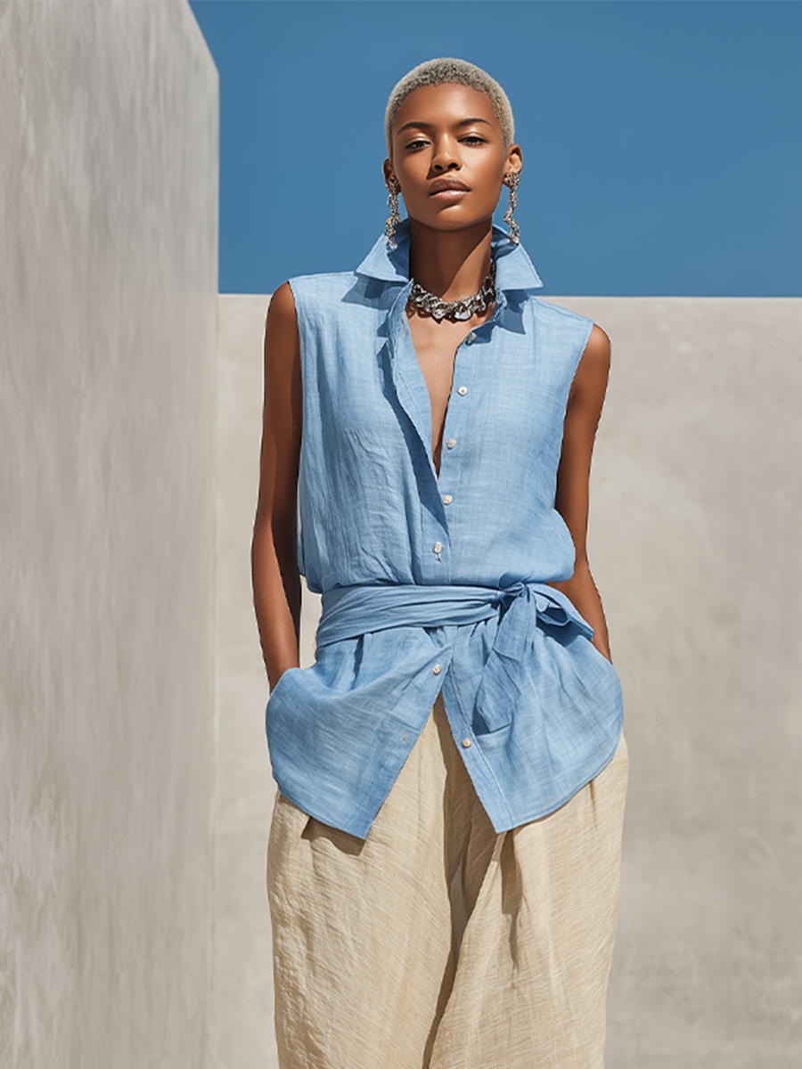 Women's Blue & Beige Linen Two-Piece Set With Sleeveless Tie-Waist Shirt & High-Waisted Wide-Leg Pants, Timeless Minimalist-Chic Style Set