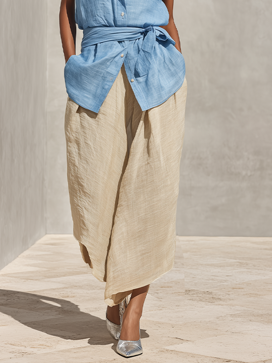 Women's Blue & Beige Linen Two-Piece Set With Sleeveless Tie-Waist Shirt & High-Waisted Wide-Leg Pants, Timeless Minimalist-Chic Style Set
