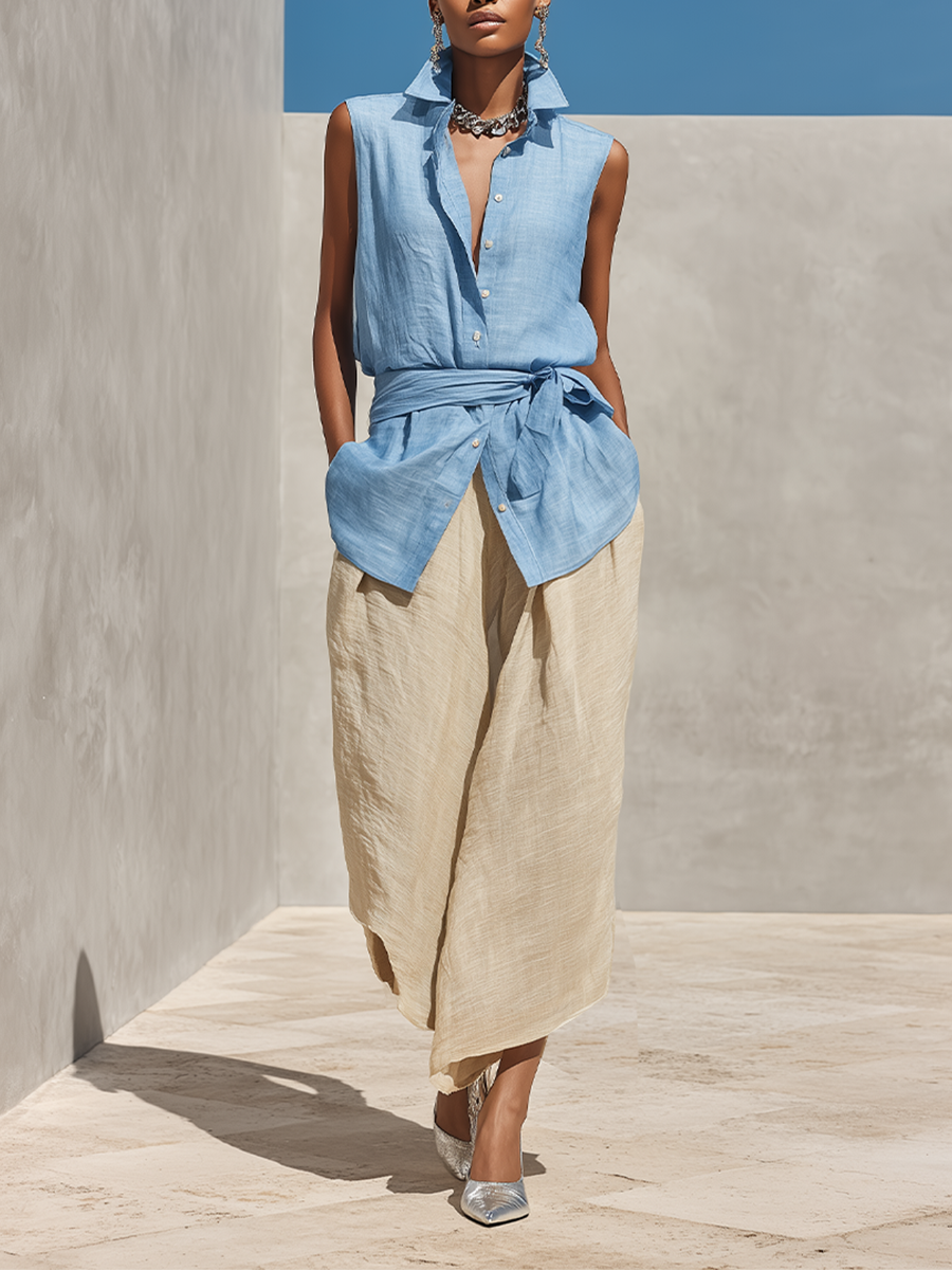 Women's Blue & Beige Linen Two-Piece Set With Sleeveless Tie-Waist Shirt & High-Waisted Wide-Leg Pants, Timeless Minimalist-Chic Style Set