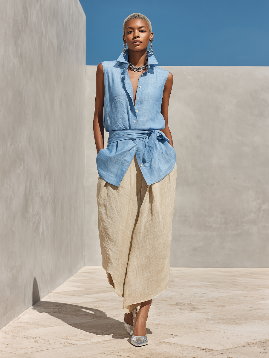 Women's Blue & Beige Linen Two-Piece Set With Sleeveless Tie-Waist Shirt & High-Waisted Wide-Leg Pants, Timeless Minimalist-Chic Style Set