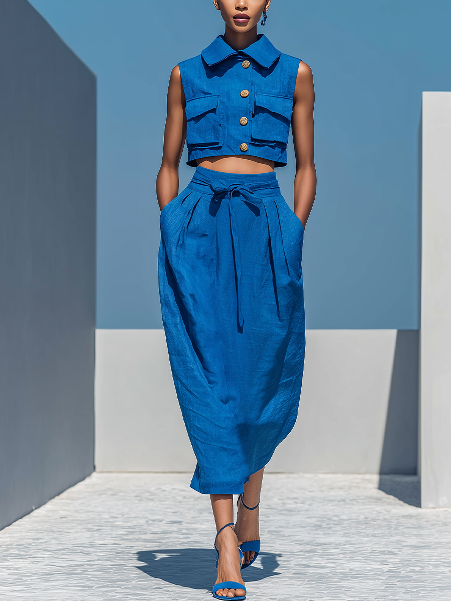 Women’s Blue Linen-Blend Sleeveless Collared Crop Top & High-Waisted Tie-Waist Midi Skirt Two-Piece Set