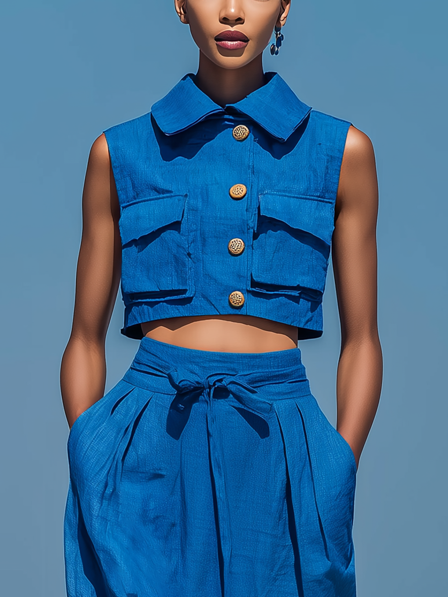 Women’s Blue Linen-Blend Sleeveless Collared Crop Top & High-Waisted Tie-Waist Midi Skirt Two-Piece Set