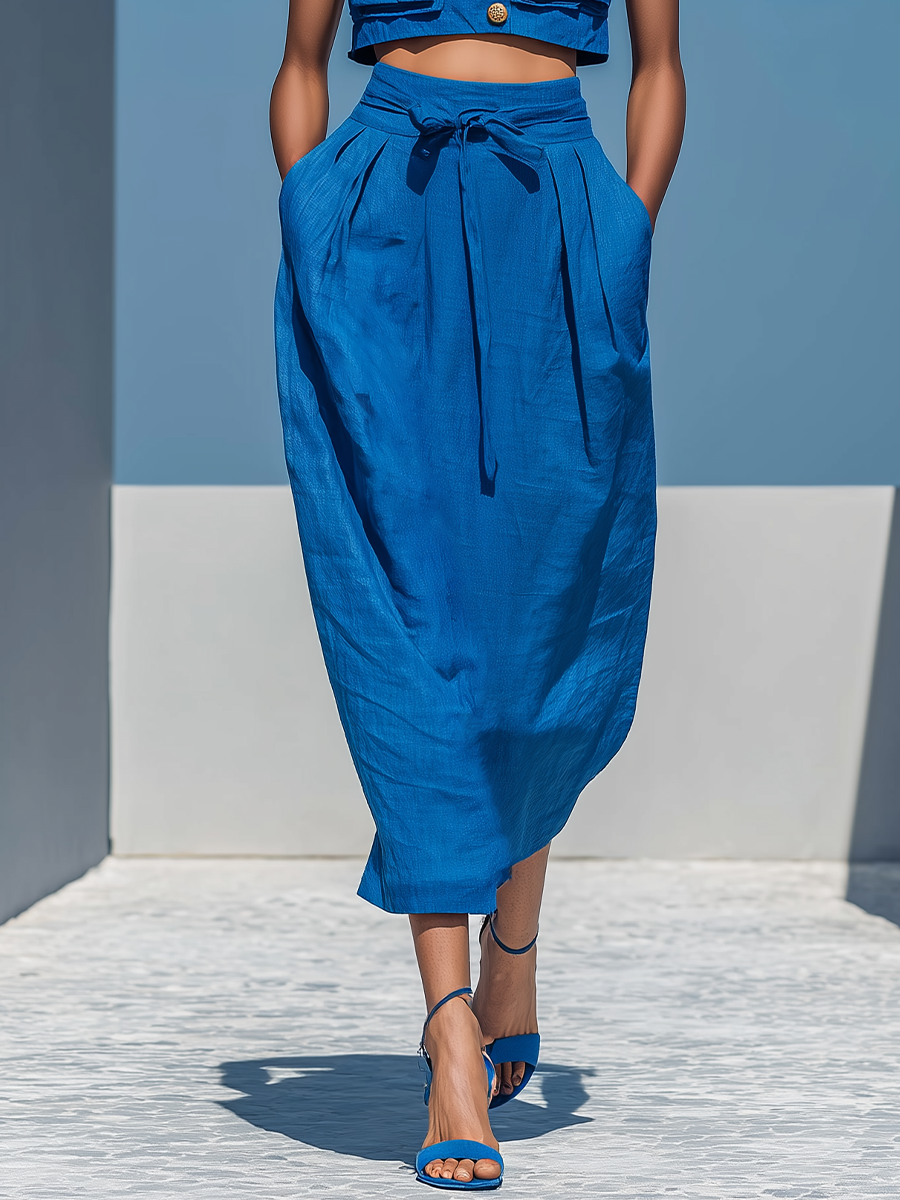 Women’s Blue Linen-Blend Sleeveless Collared Crop Top & High-Waisted Tie-Waist Midi Skirt Two-Piece Set