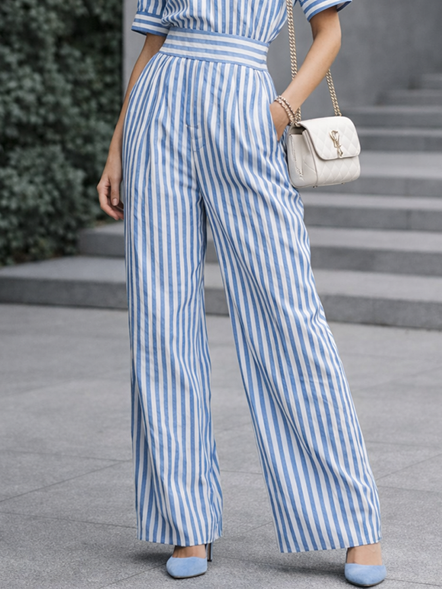 Women's Casual Blue And White Striped Cotton Blend Short-Sleeve High-Waisted Wide-Leg Jumpsuit