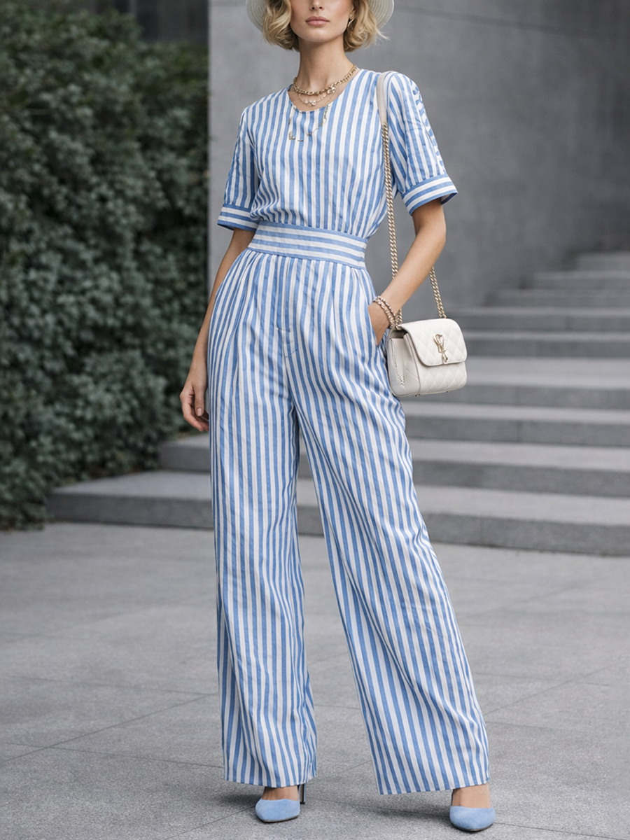 Women's Casual Blue And White Striped Cotton Blend Short-Sleeve High-Waisted Wide-Leg Jumpsuit