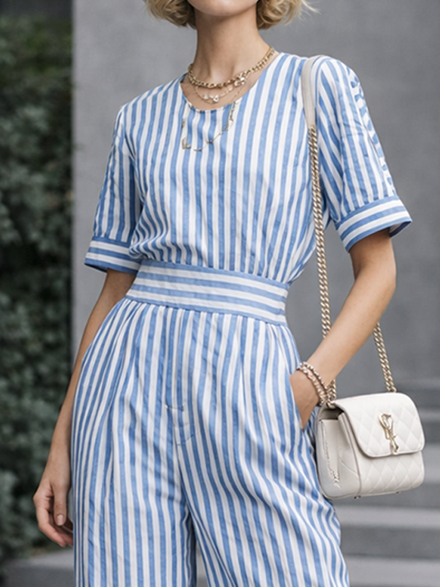 Women's Casual Blue And White Striped Cotton Blend Short-Sleeve High-Waisted Wide-Leg Jumpsuit