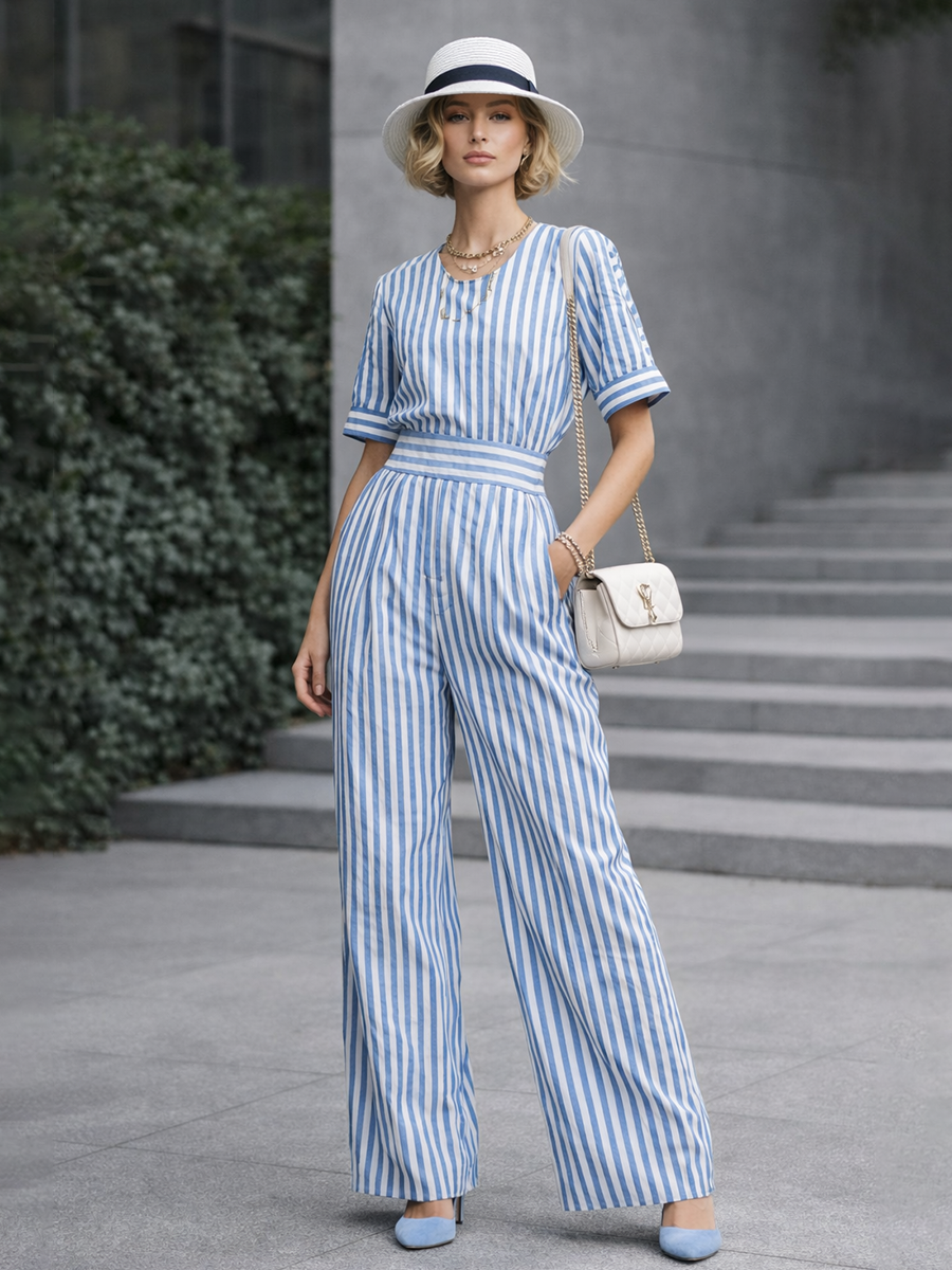 Women's Casual Blue And White Striped Cotton Blend Short-Sleeve High-Waisted Wide-Leg Jumpsuit