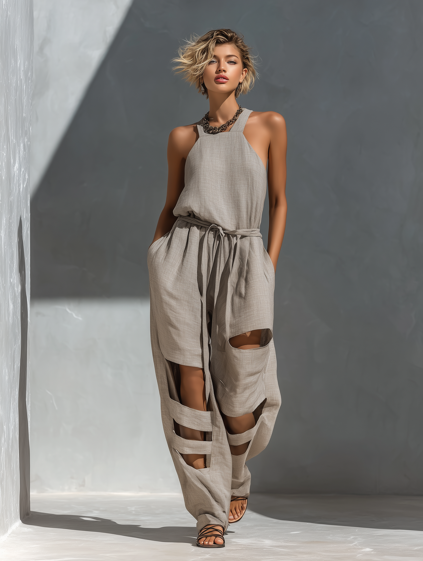 Women’s Gray Linen-Blend Halter Neck Belted Cut-Out Wide-Leg Jumpsuit