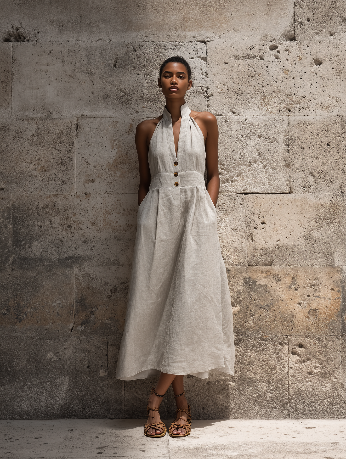 Women’s Boho Gray Linen-Blend Halter Neck Sleeveless Button-Down Flowy Midi Dress