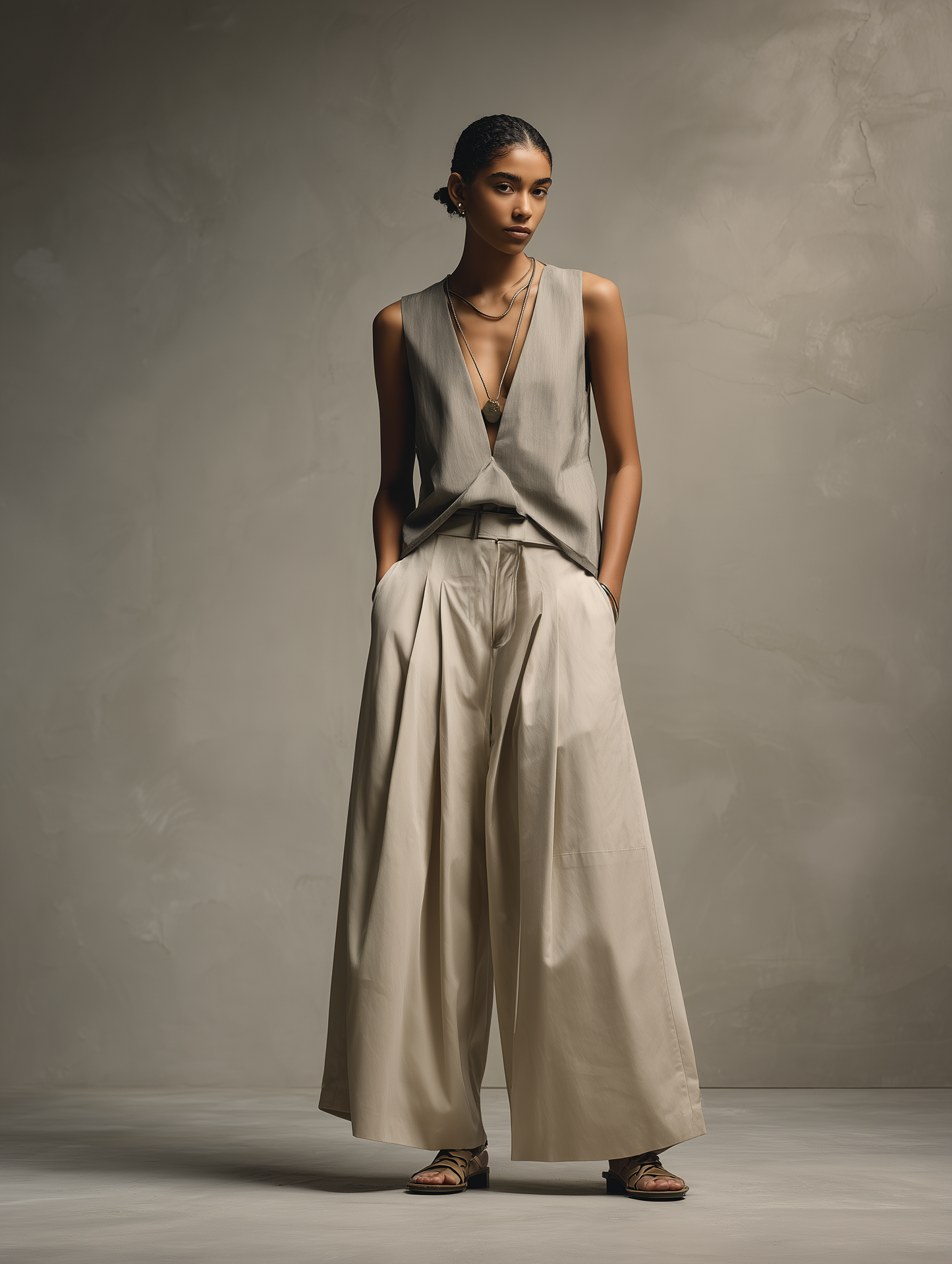 Women’s Taupe Gray Sleeveless Deep V-Neck Twist Front Top & Beige High-Waisted Belted Wide-Leg Pants Two-Piece Set