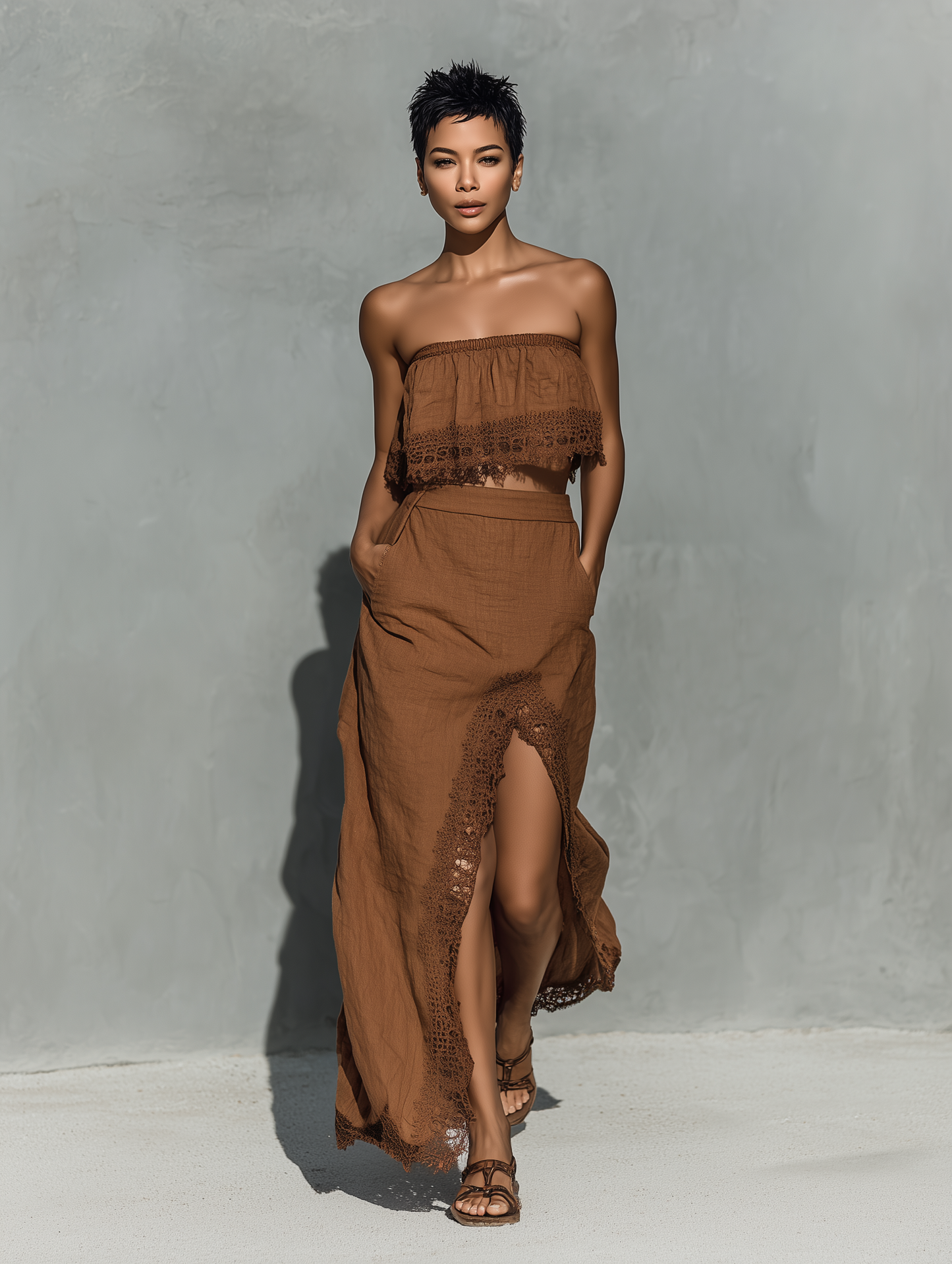 Women’s Chocolate Brown Linen-Blend Strapless Lace Trim Crop Top & High-Waisted Lace Trim Slit Maxi Skirt Two-Piece Set