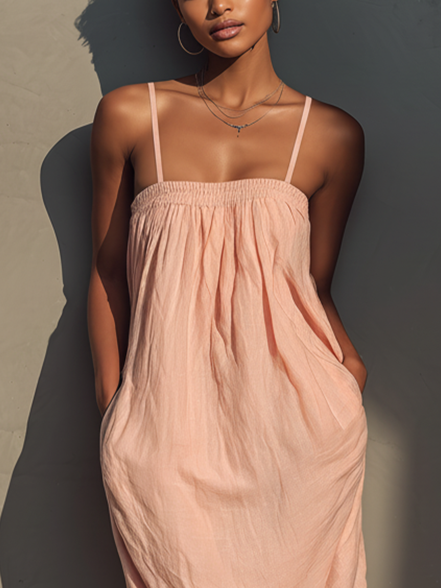 Women’s Blush Pink Linen-Blend Smocked Bust Spaghetti Strap Oversized Maxi Dress