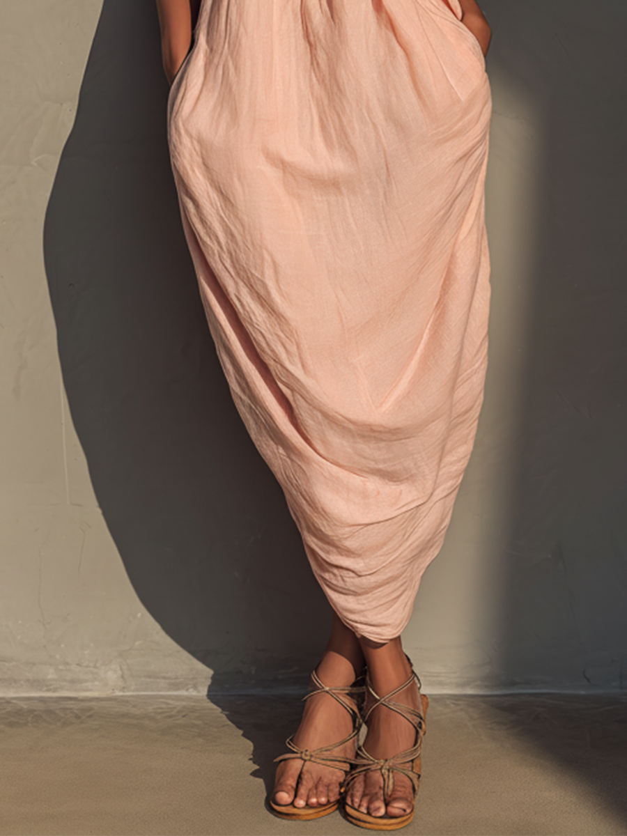 Women’s Blush Pink Linen-Blend Smocked Bust Spaghetti Strap Oversized Maxi Dress