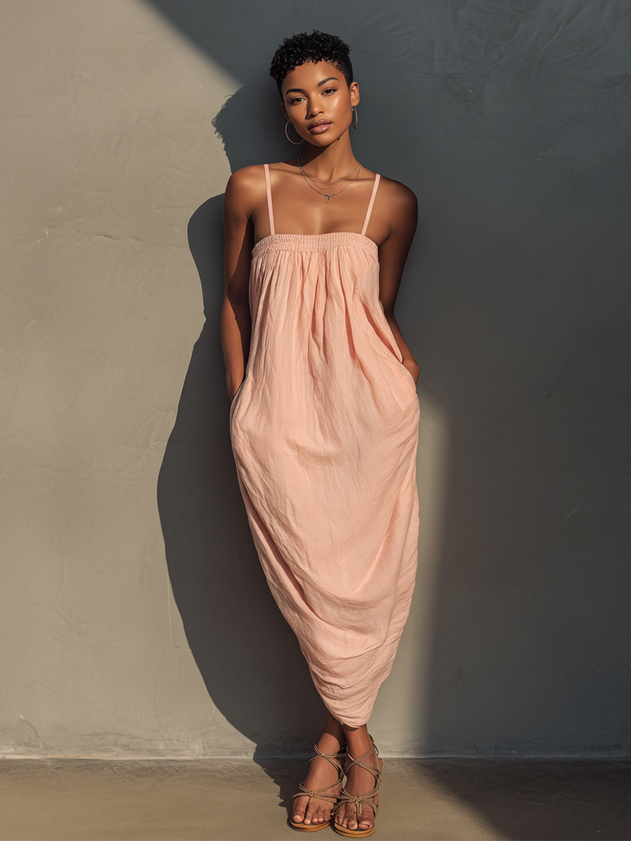 Women’s Blush Pink Linen-Blend Smocked Bust Spaghetti Strap Oversized Maxi Dress