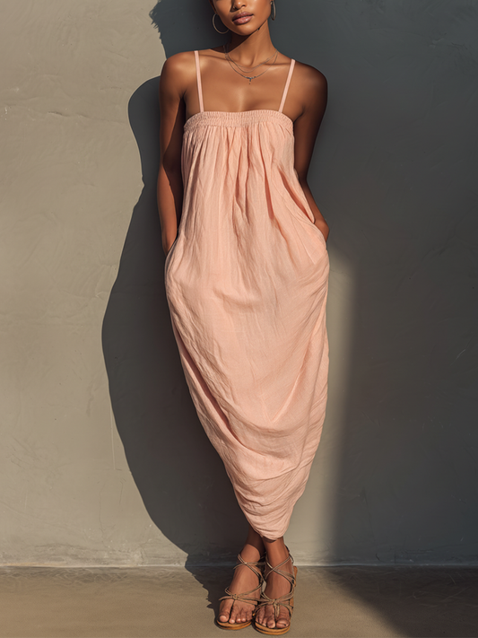 Women’s Blush Pink Linen-Blend Smocked Bust Spaghetti Strap Oversized Maxi Dress