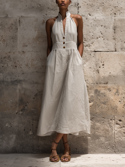Women’s Boho Gray Linen-Blend Halter Neck Sleeveless Button-Down Flowy Midi Dress