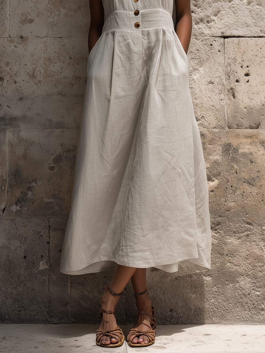 Women’s Boho Gray Linen-Blend Halter Neck Sleeveless Button-Down Flowy Midi Dress