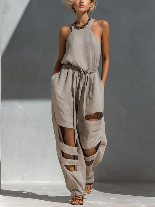 Women’s Gray Linen-Blend Halter Neck Belted Cut-Out Wide-Leg Jumpsuit