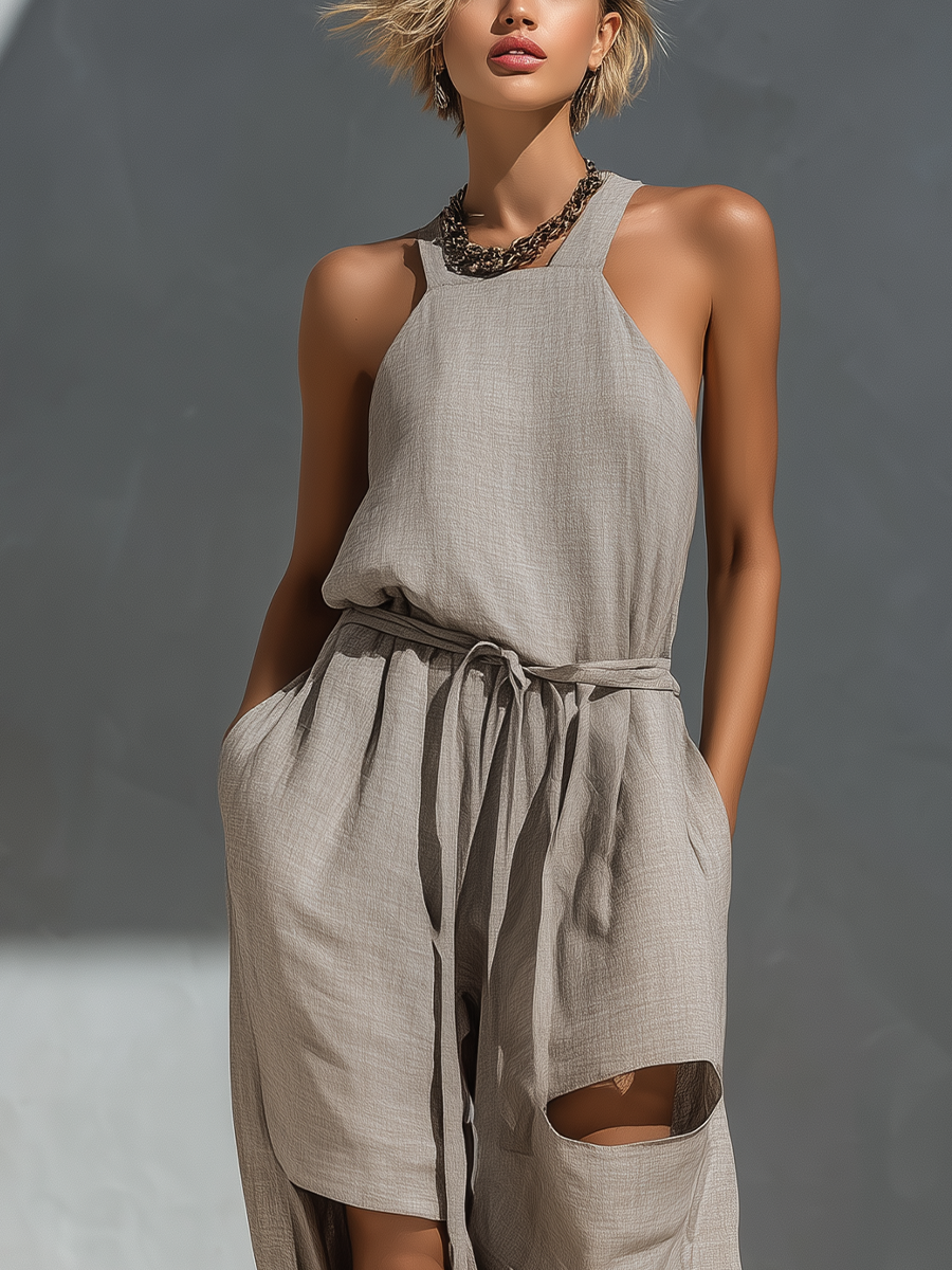 Women’s Gray Linen-Blend Halter Neck Belted Cut-Out Wide-Leg Jumpsuit